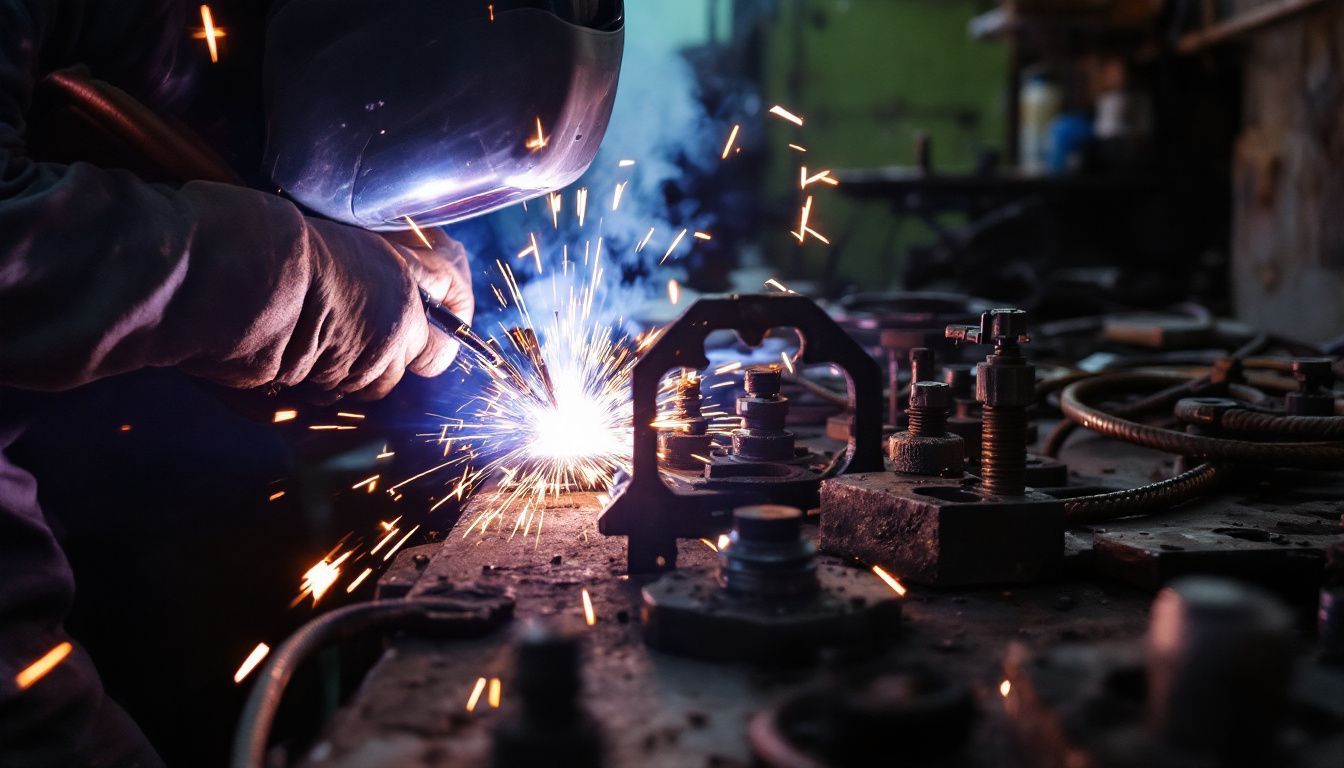 An arc welding setup in a workshop with sparks flying.