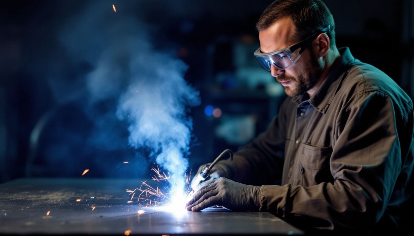 An automotive mechanic MIG welding carbon steel in a garage.