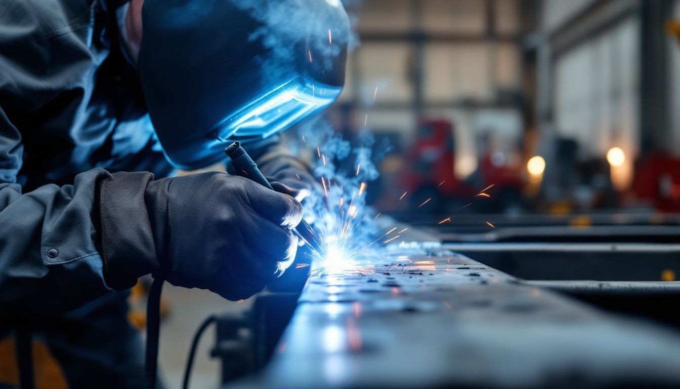 Skilled welding work on sturdy truck frame, showcasing precision and quality.