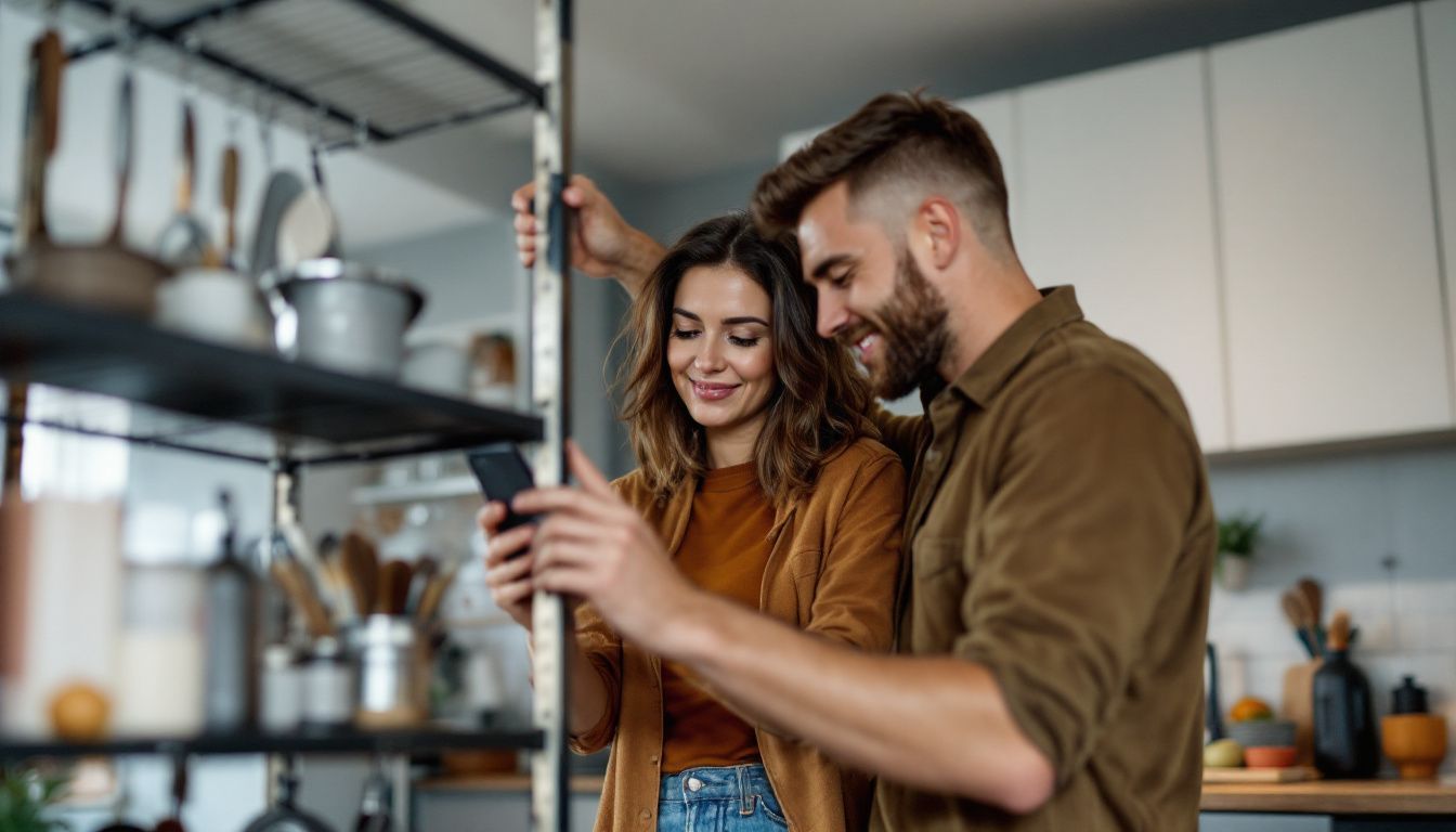 A couple in casual clothes assembling a metal shelving unit in their kitchen.