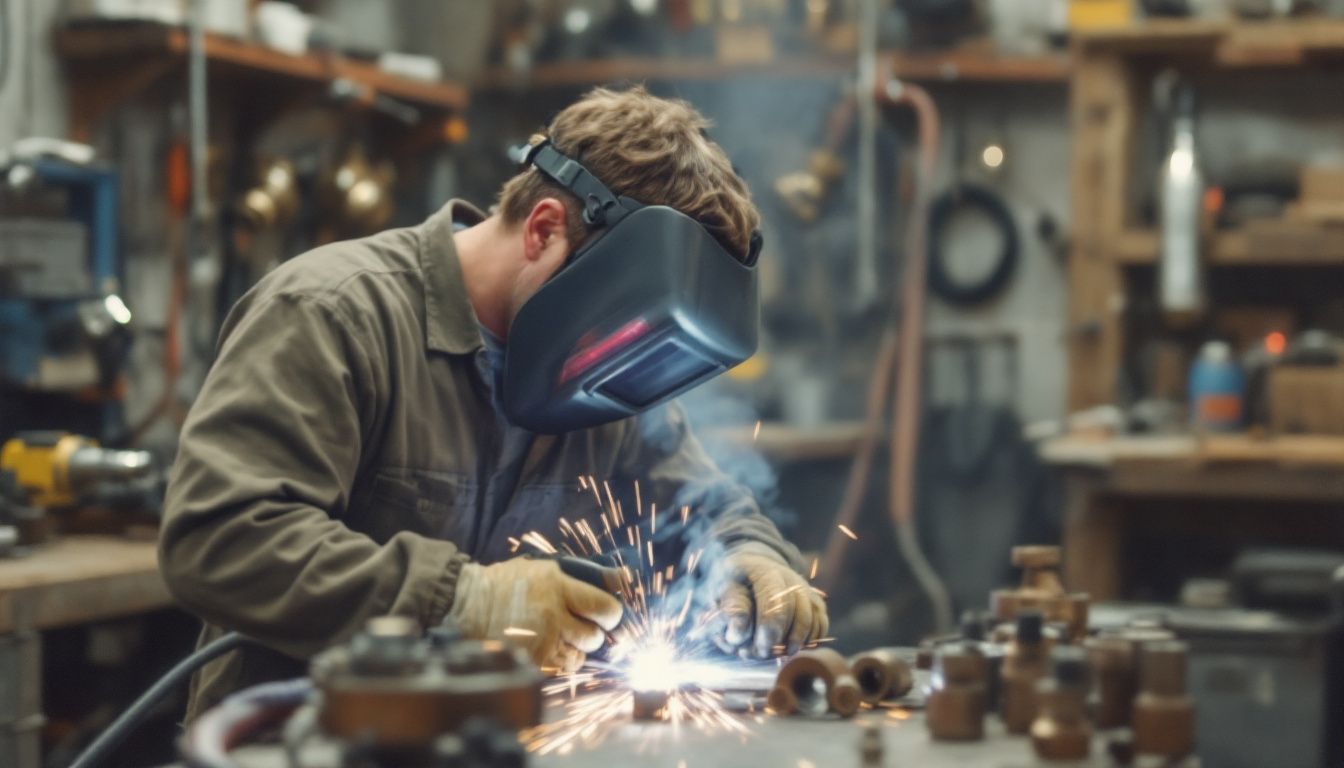 A welder working on MIG welding metal pieces for custom fittings.