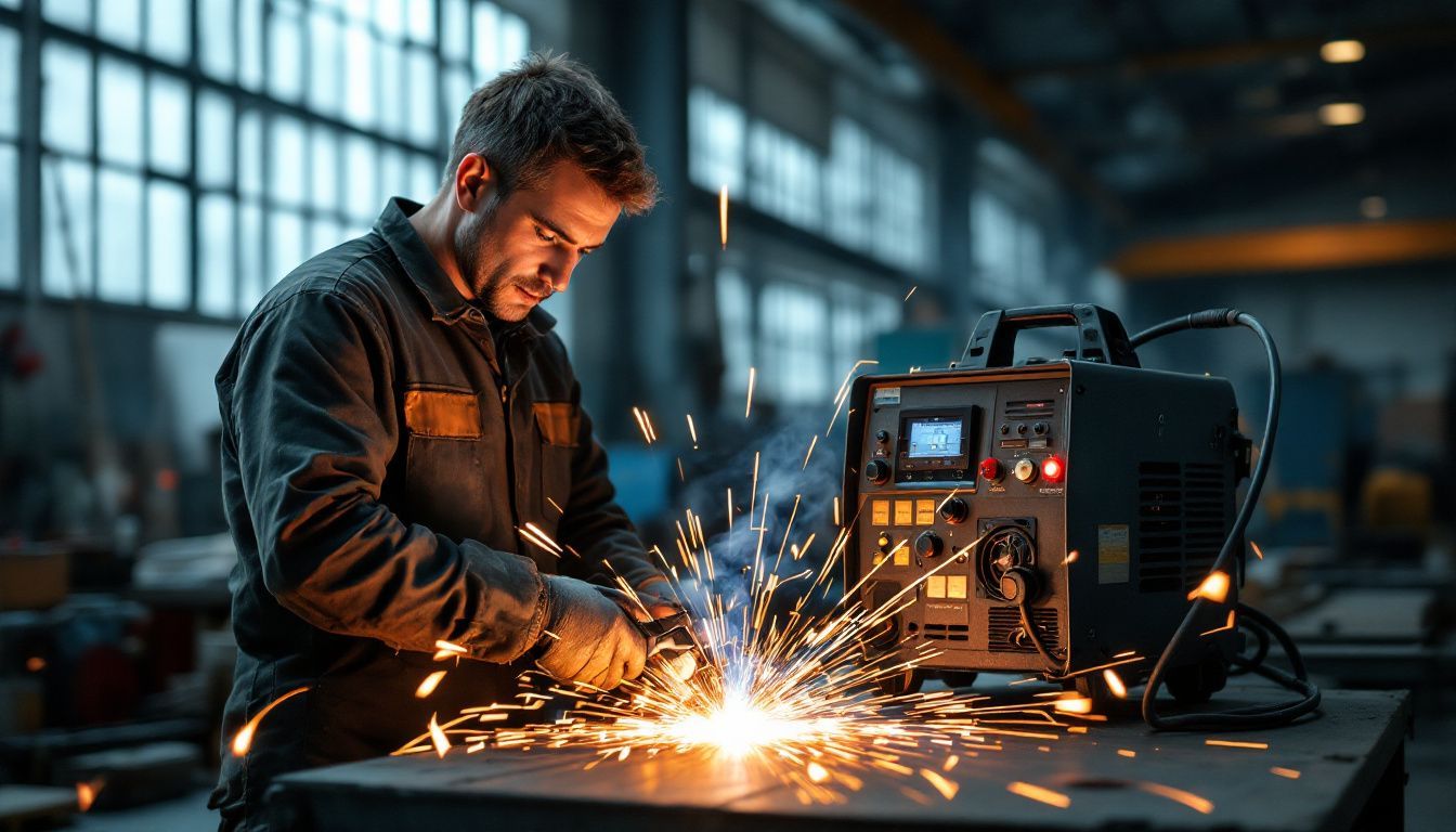 A welding technician operating an inverter-based welding machine in an industrial workshop.