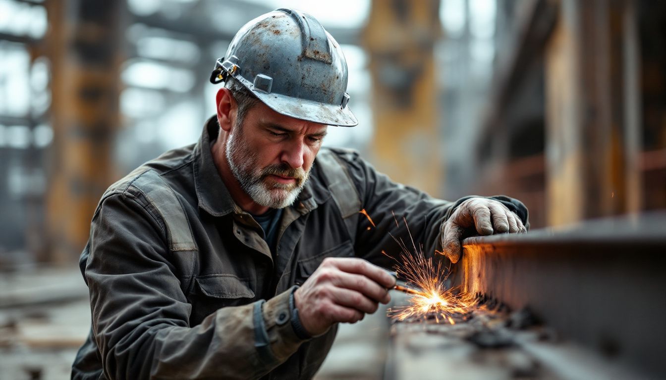 A certified welding inspector examining a weld joint on a metal beam.