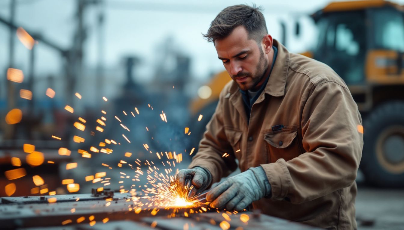 A mobile welding business owner working on a metal fabrication project.