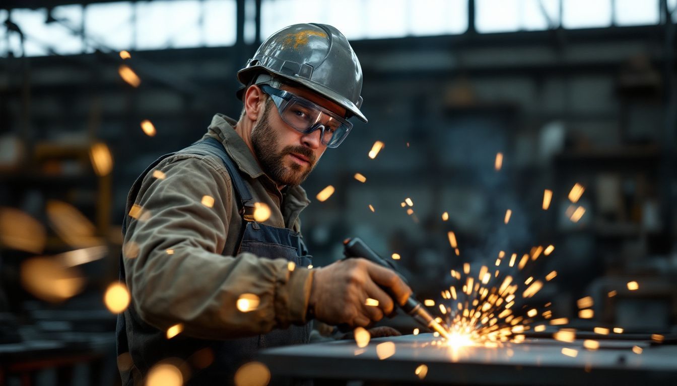 A metalworker in a workshop uses a plasma cutter on steel.