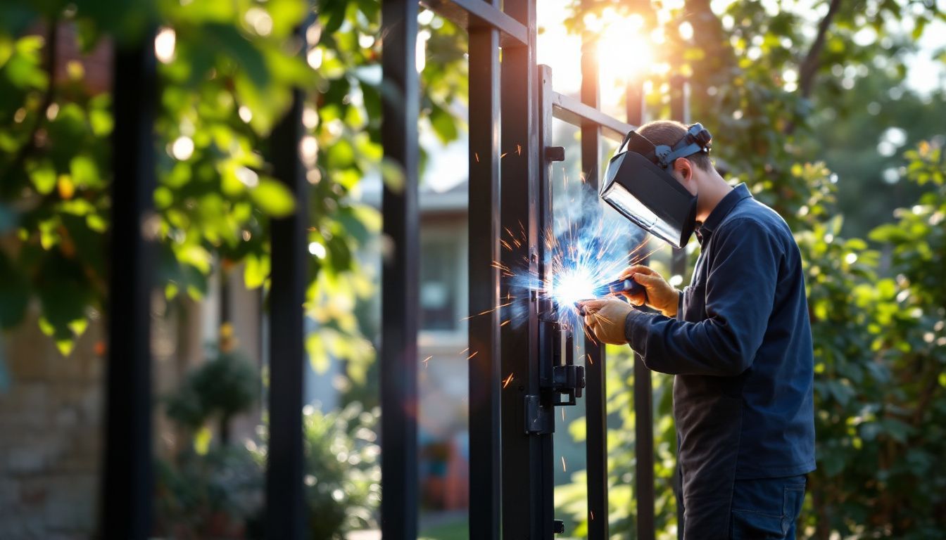 A person expertly welds a residential gate in a well-maintained garden.