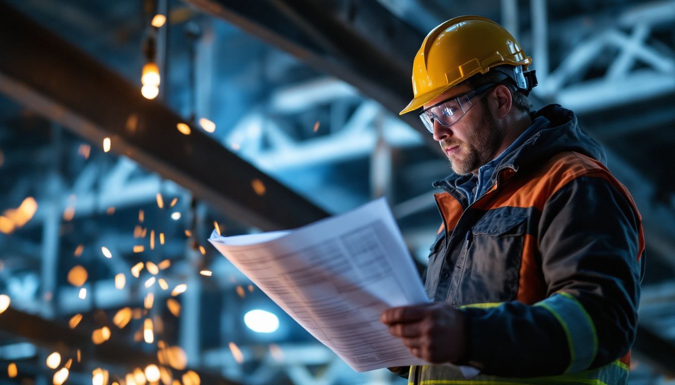 An engineer inspects steel beams at a skyscraper construction site.