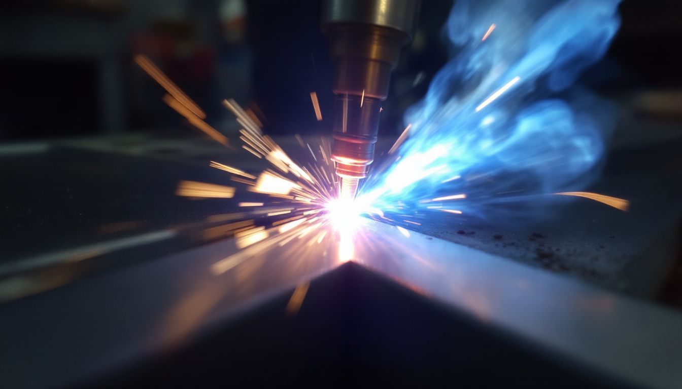 A close-up photo of a TIG welding torch in use, creating neat joints.