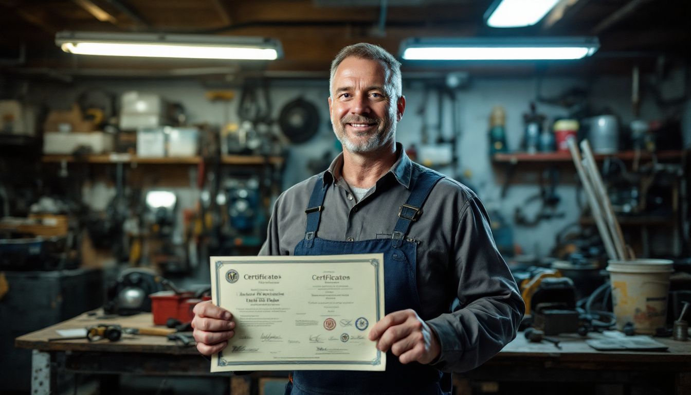 An experienced welder proudly displays their welding certifications in a workshop.