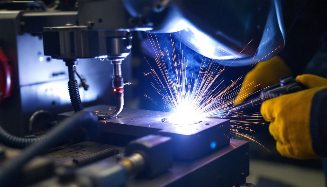 Close-up view of precision welding and custom machining equipment in operation.