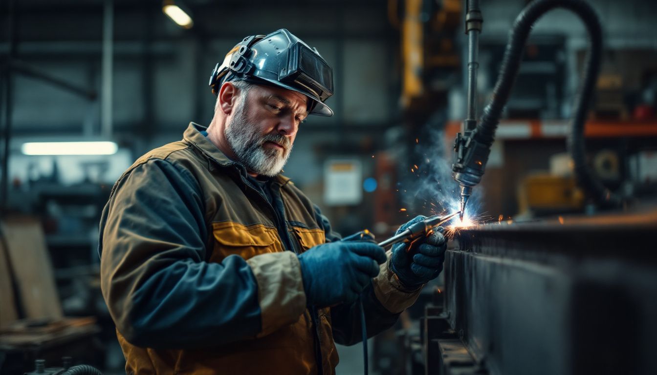 A certified welding inspector checks a welded joint in an industrial workshop.