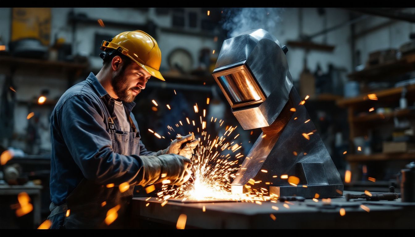 A skilled welder working on a large stainless steel sculpture in their cluttered workshop.