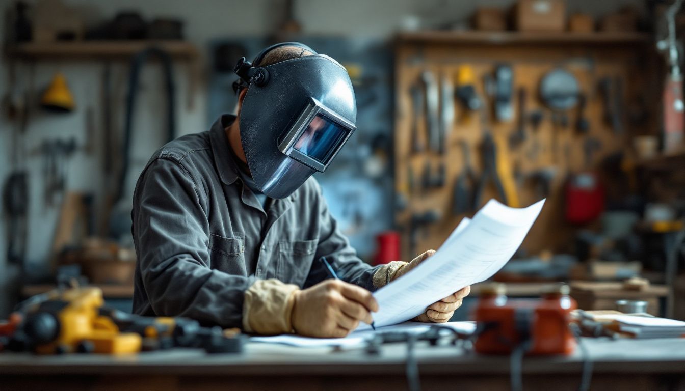 A welder in a workshop preparing for a welding task.