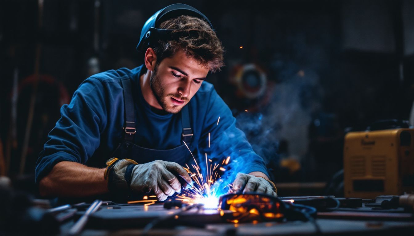 A young man is learning to weld using a MIG welding machine.