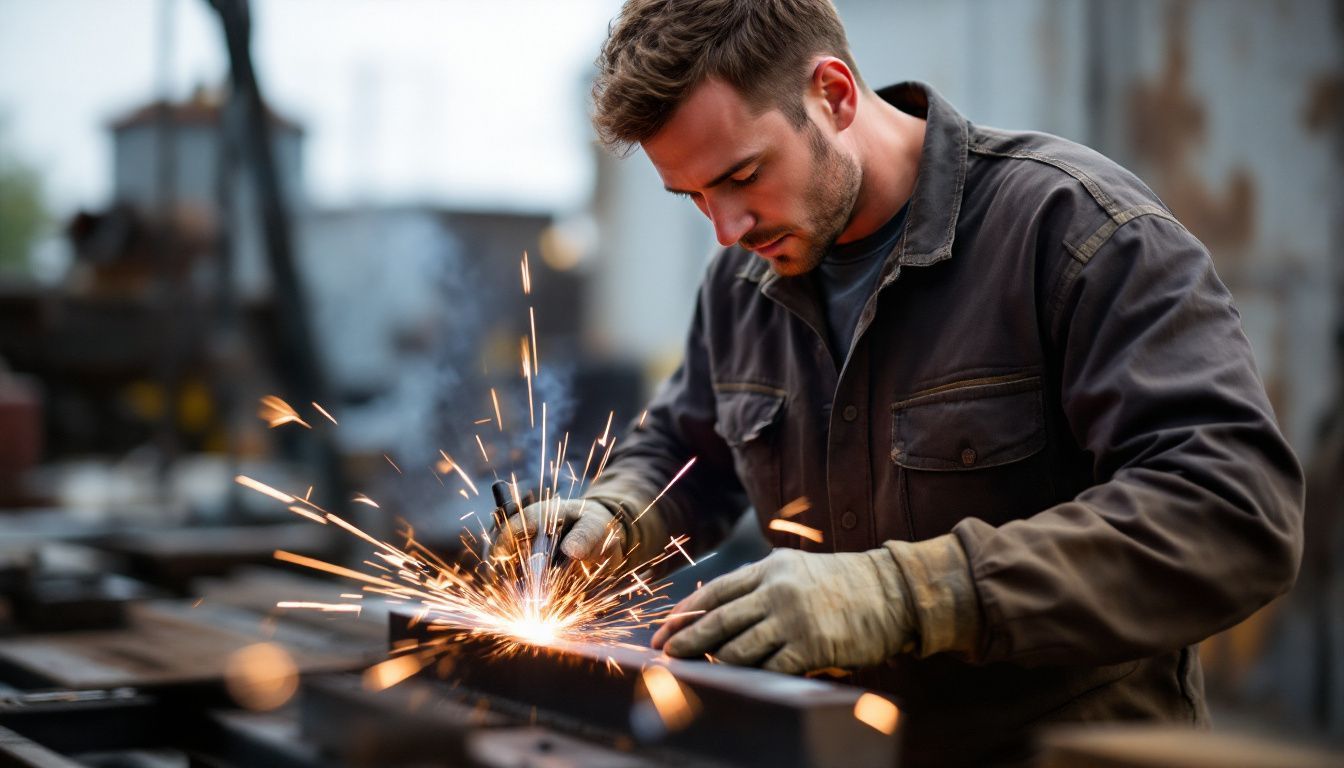 A man is seen welding thick metal using the MIG technique.